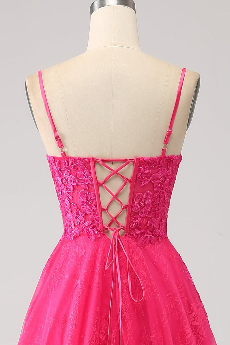 A-Line Fuchsia Corset Prom Dress with High Slit