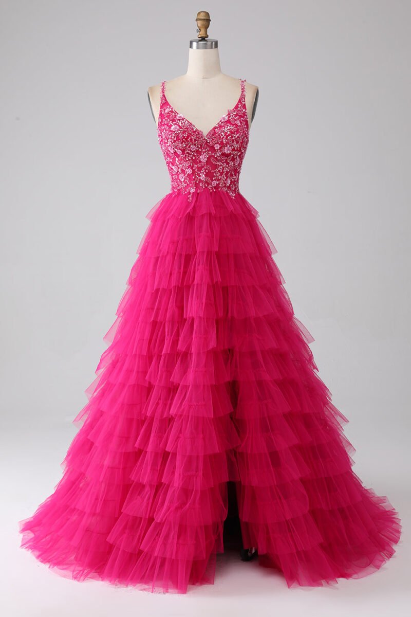Fuchsia Sequin A-Line Spaghetti Strap Prom Dress with Slit