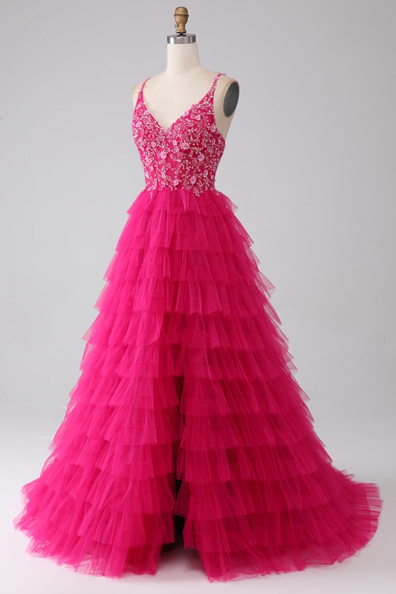 Fuchsia Sequin A-Line Spaghetti Strap Prom Dress with Slit