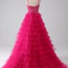 Fuchsia Sequin A-Line Spaghetti Strap Prom Dress with Slit