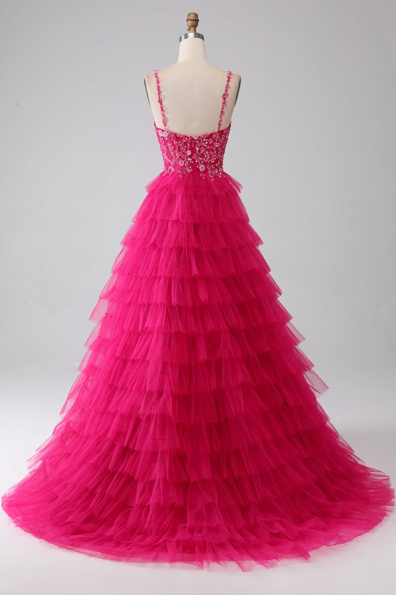 Fuchsia Sequin A-Line Spaghetti Strap Prom Dress with Slit
