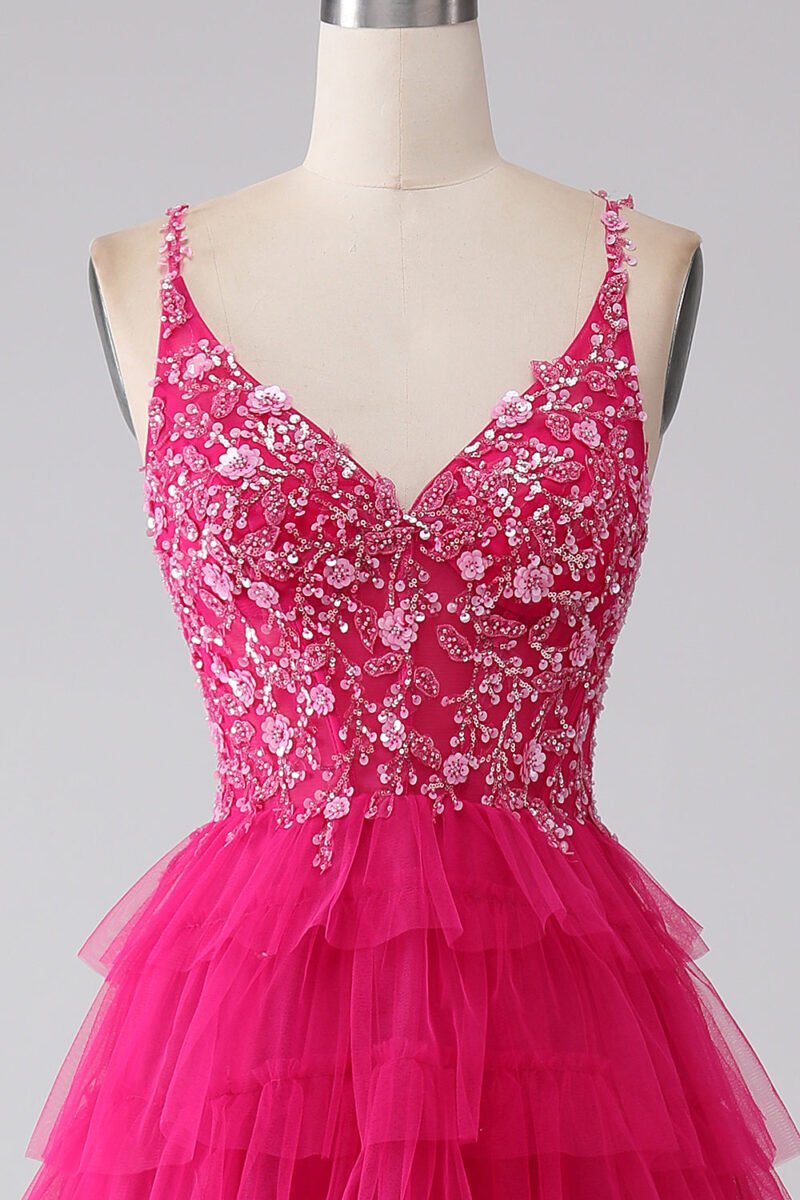 Fuchsia Sequin A-Line Spaghetti Strap Prom Dress with Slit