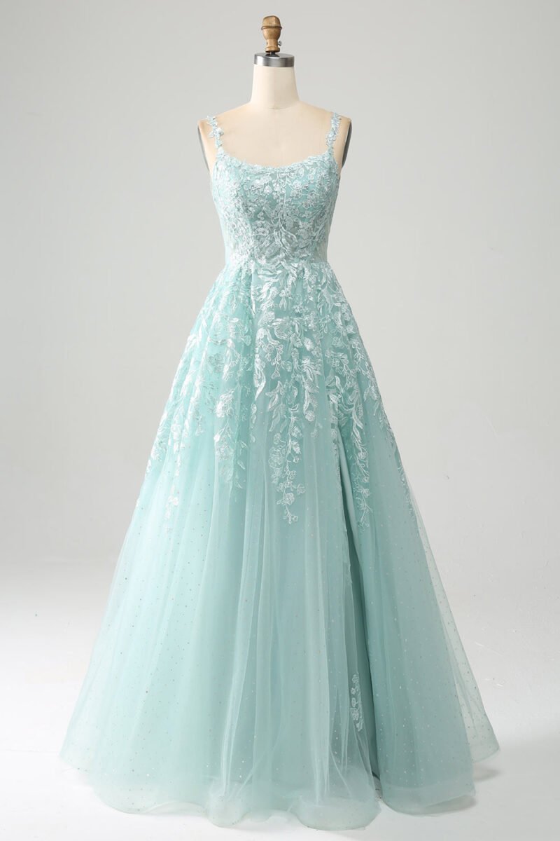 Blue A-Line Tulle Long Prom Dress with Lace Appliques