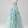 Blue A-Line Tulle Long Prom Dress with Lace Appliques