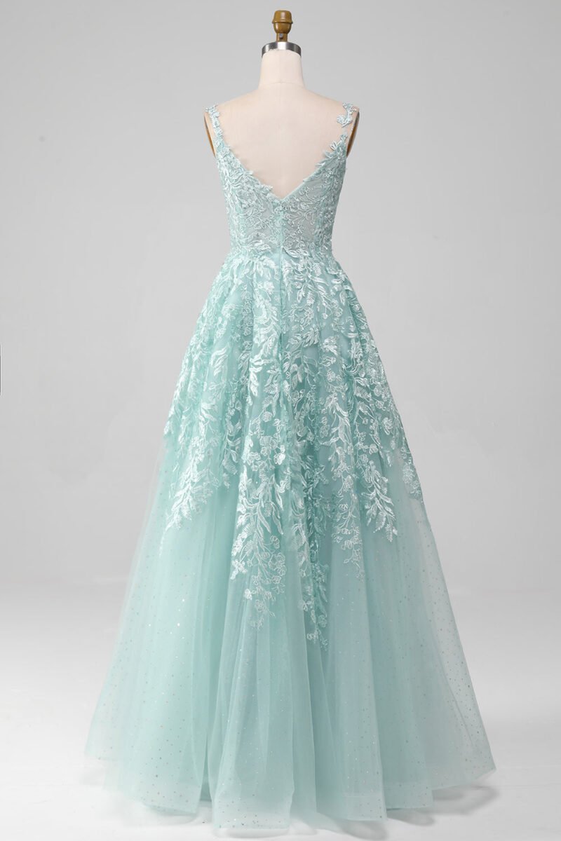 Blue A-Line Tulle Long Prom Dress with Lace Appliques