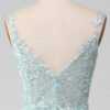 Blue A-Line Tulle Long Prom Dress with Lace Appliques