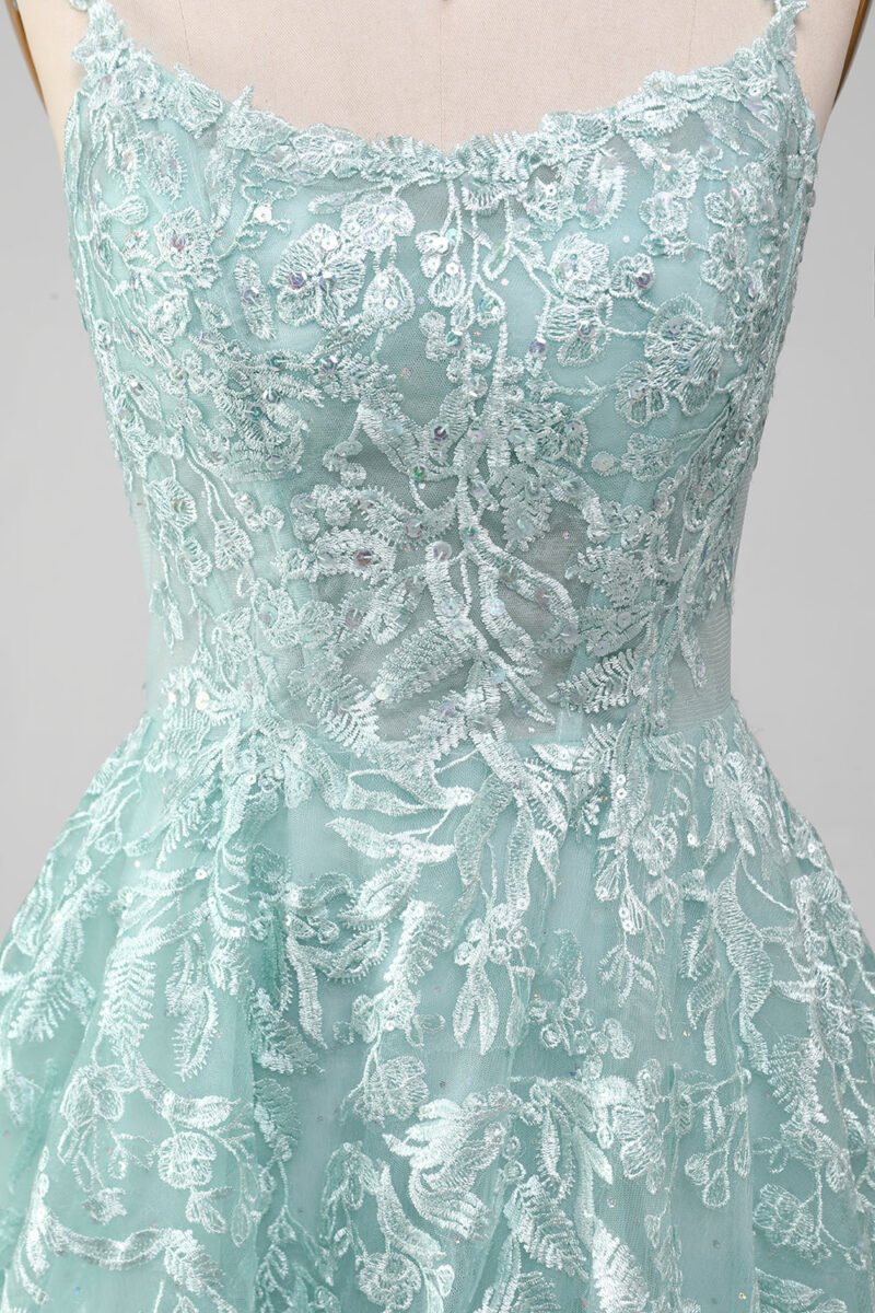 Blue A-Line Tulle Long Prom Dress with Lace Appliques