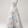 White Floral Printed A-Line Strapless Prom Dress with Slit