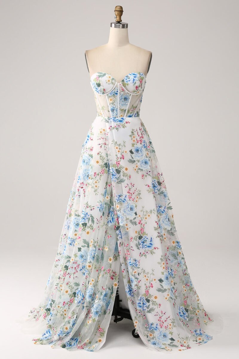 White Floral Printed A-Line Strapless Prom Dress with Slit