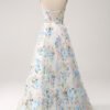 White Floral Printed A-Line Strapless Prom Dress with Slit