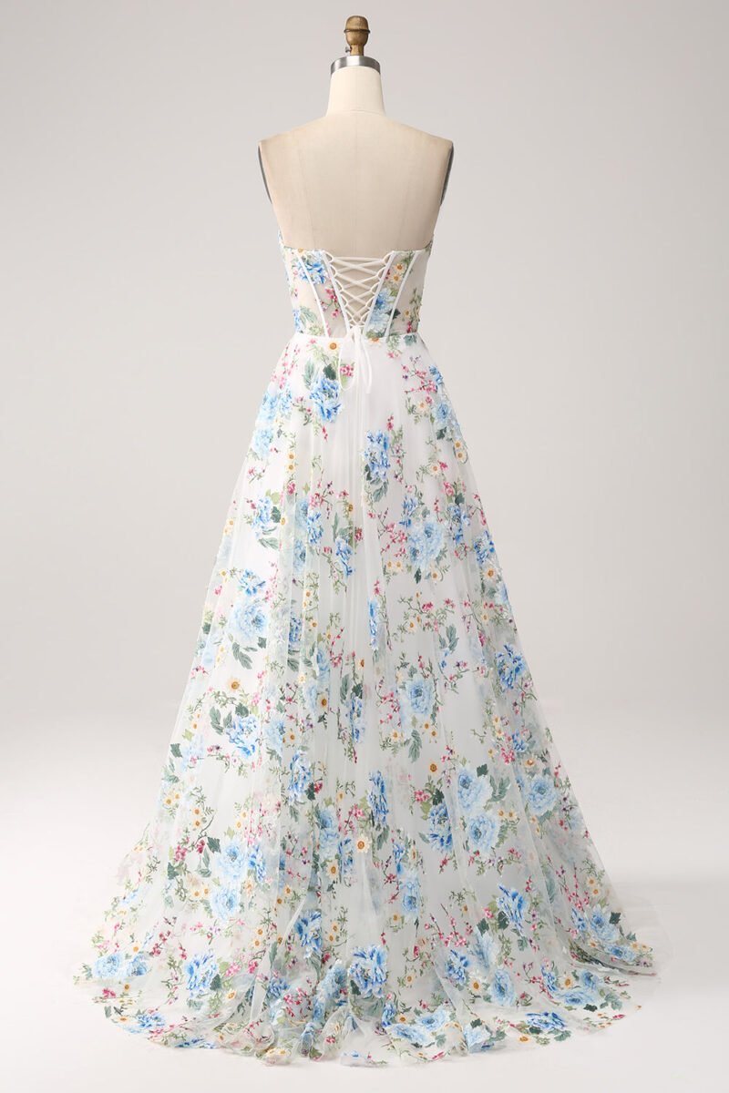 White Floral Printed A-Line Strapless Prom Dress with Slit