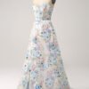 White Floral Printed A-Line Strapless Prom Dress with Slit