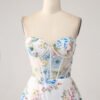 White Floral Printed A-Line Strapless Prom Dress with Slit