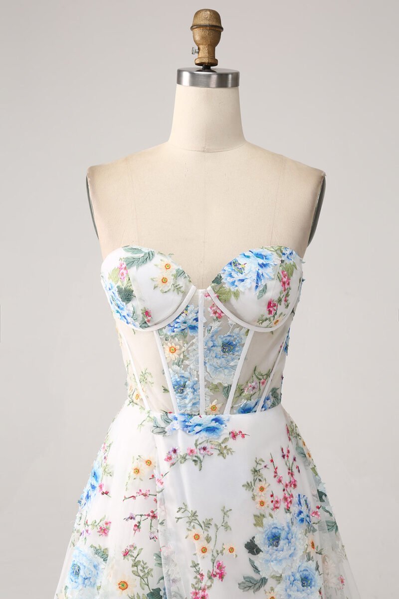 White Floral Printed A-Line Strapless Prom Dress with Slit