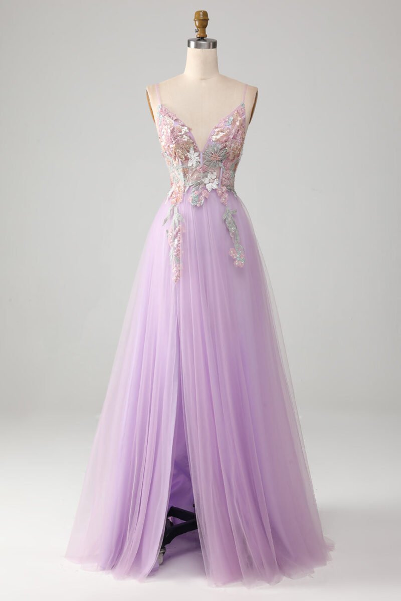 Lavender A-Line Spaghetti Straps Long Prom Dress