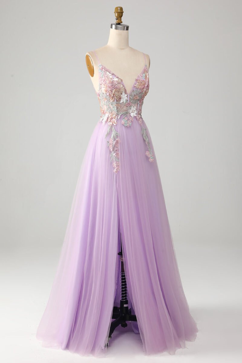 Lavender A-Line Spaghetti Straps Long Prom Dress
