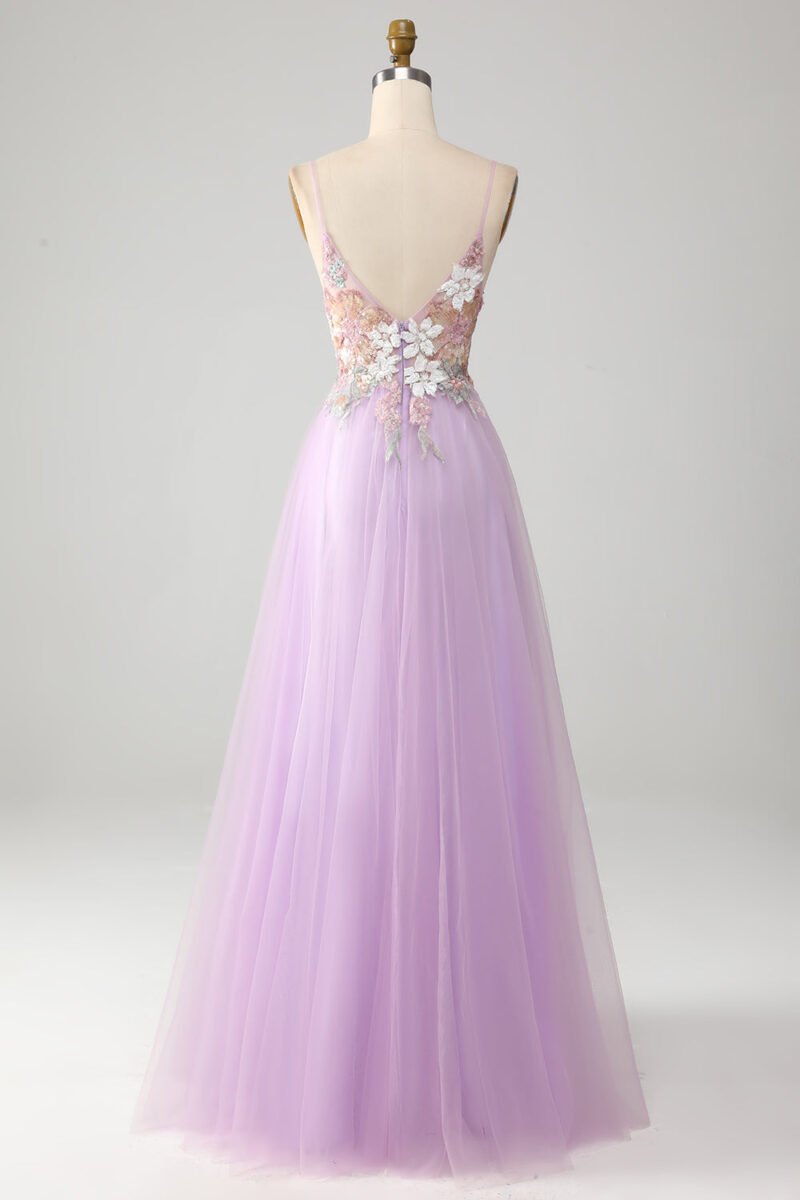 Lavender A-Line Spaghetti Straps Long Prom Dress