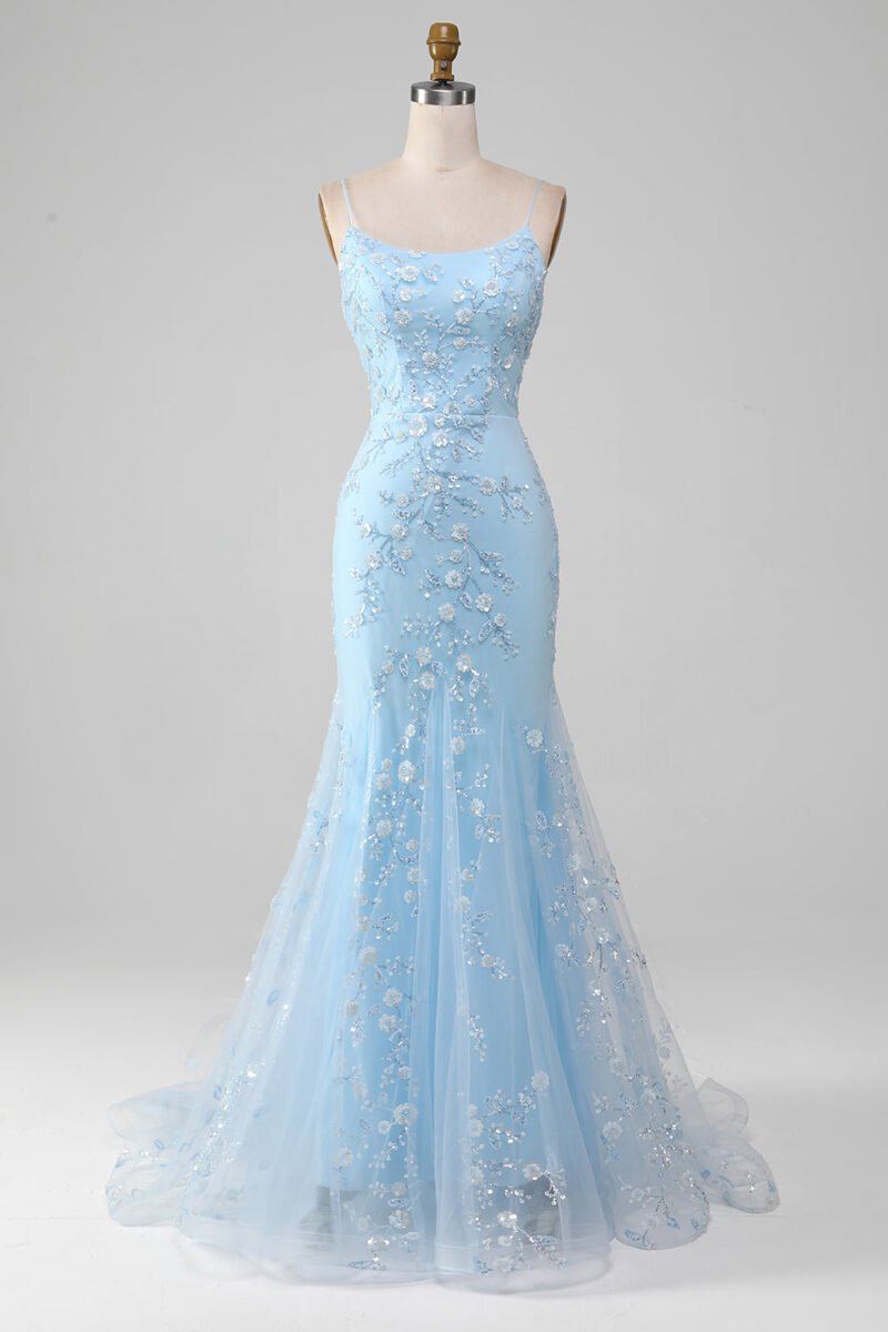 Sky Blue Sequin Mermaid Spaghetti Strap Prom Dress
