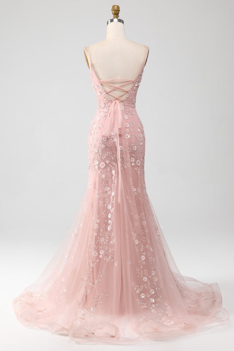 Pink Sequin Mermaid Spaghetti Strap Prom Dress