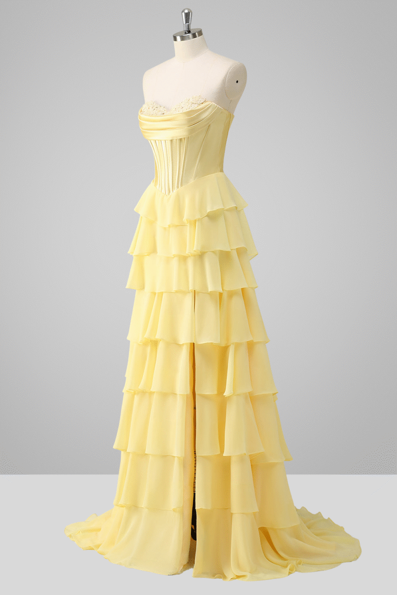 Blue Tiered A-Line Prom Dress with Slit