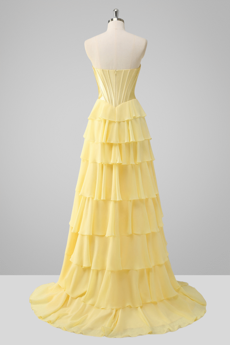 Blue Tiered A-Line Prom Dress with Slit