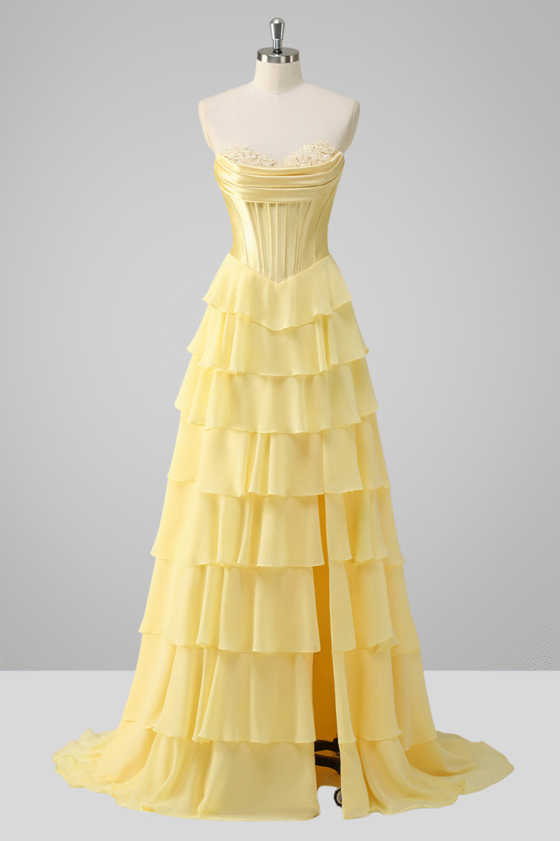 Yellow Tiered A-Line Prom Dress with Slit