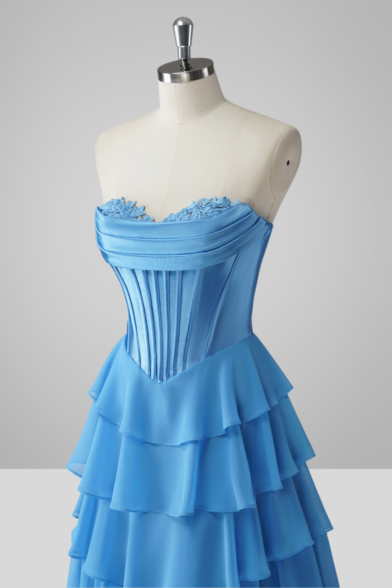 Blue Tiered A-Line Prom Dress with Slit