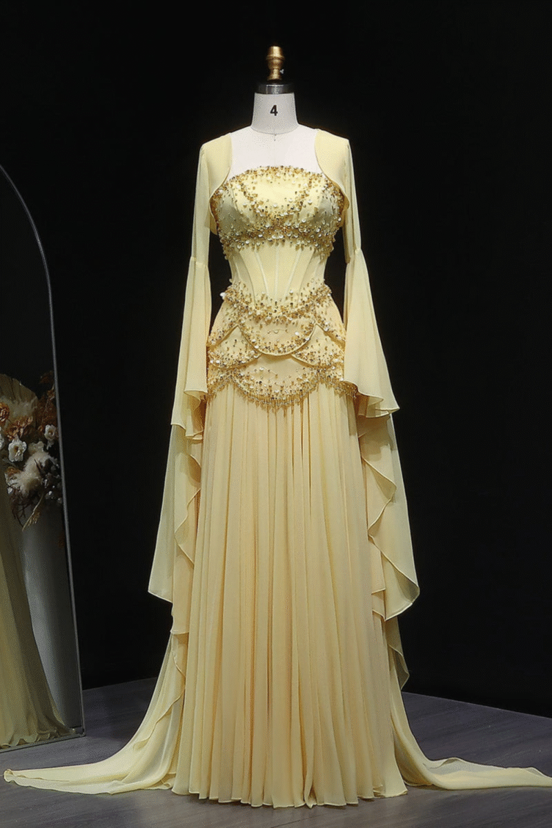 Luxury Pearls Tassel Yellow Evening Dress