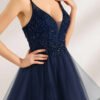 Navy Blue Beaded Ruffles Sequin Prom Dress