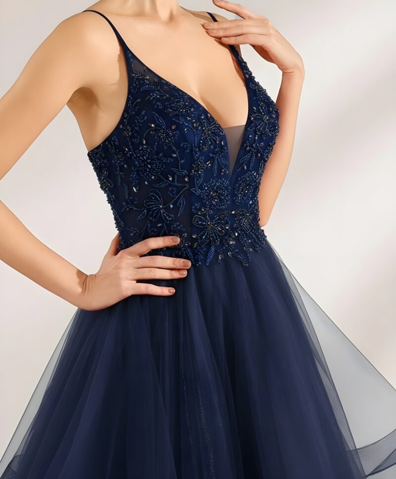 Navy Blue Beaded Ruffles Sequin Prom Dress