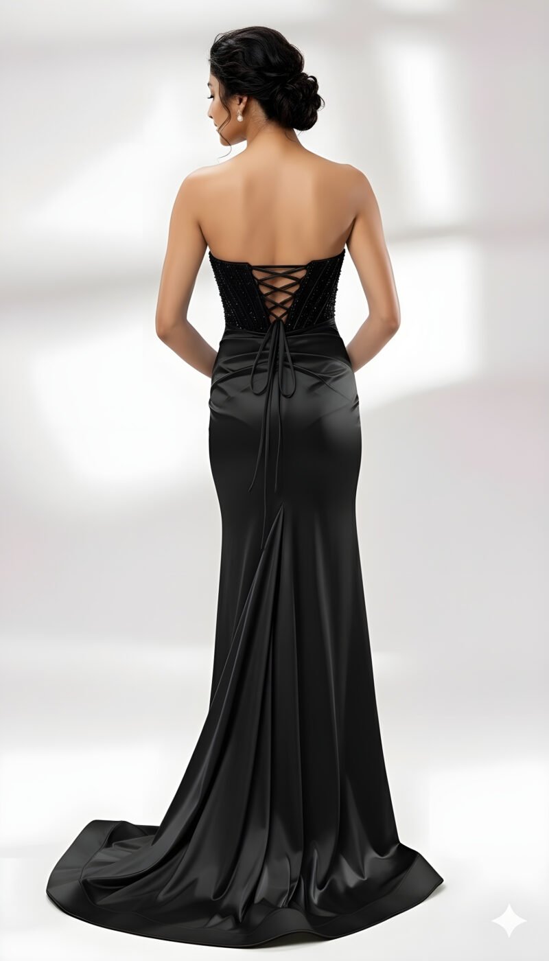 Sparkly Black Satin Strapless Sequin Prom Dress