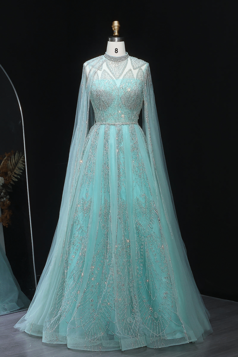 Luxury Aqua Blue Evening Dress with Cape Sleeves