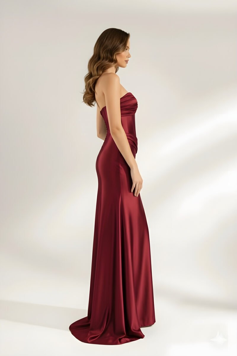 Burgundy Strapless Ruched Satin Mermaid Gown