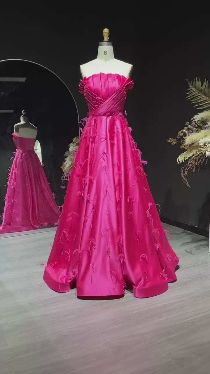 Elegant Fuchsia Satin Evening Dress with Feathers