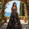 Black Floral A-Line Pleated Long Prom Dress with Square Neck and Appliques
