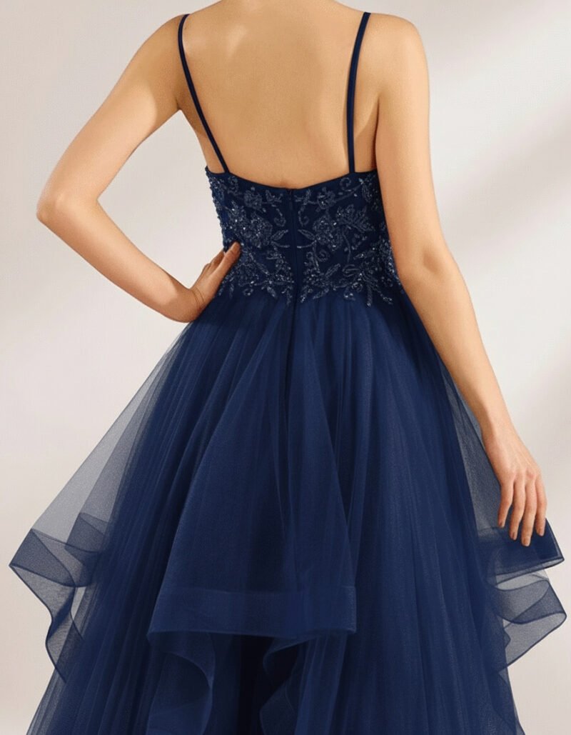 Navy Blue Beaded Ruffles Sequin Prom Dress