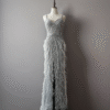 Grey Feather Sequin Dress with Slit & Spaghetti Straps