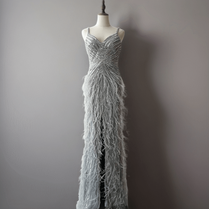 Grey Feather Sequin Dress with Slit & Spaghetti Straps