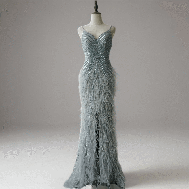 Grey Feather Sequin Dress with Slit & Spaghetti Straps