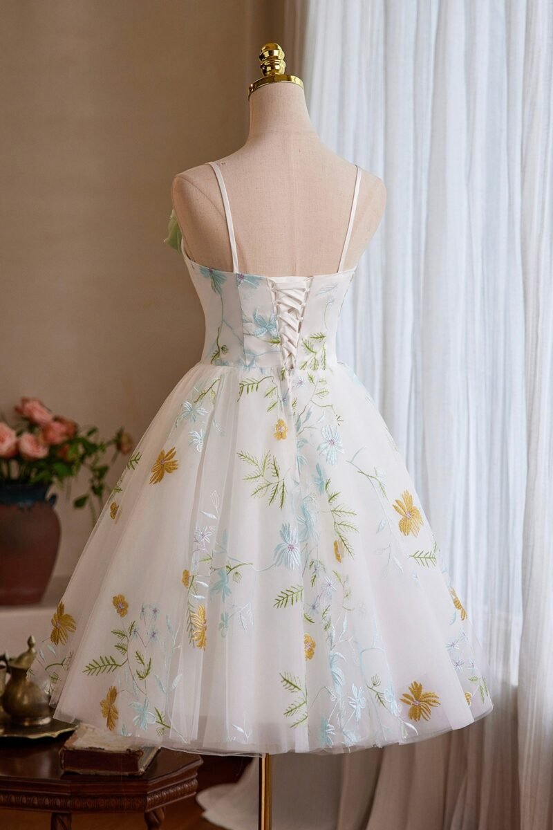 A-Line White Tulle Short Prom Dress with Green Rose Floral Embroidery