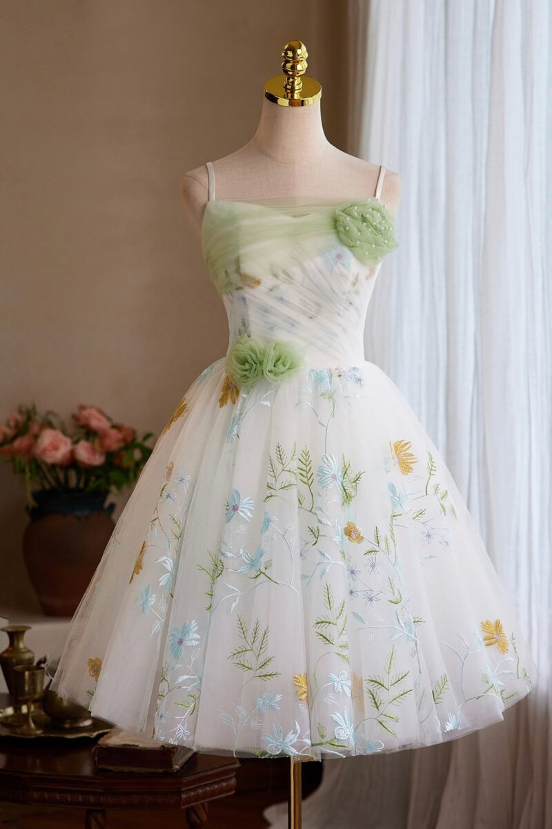 A-Line White Tulle Short Prom Dress with Green Rose Floral Embroidery