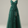 Dark Green A-Line Sequin Tulle Prom Dress – Sleeveless Cross-Back Gown