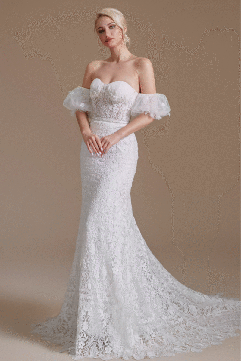 Floral Spaghetti Strap Mermaid White Wedding Gown