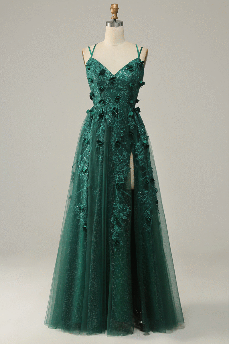 Dark Green A-Line Sequin Tulle Prom Dress – Sleeveless Cross-Back Gown