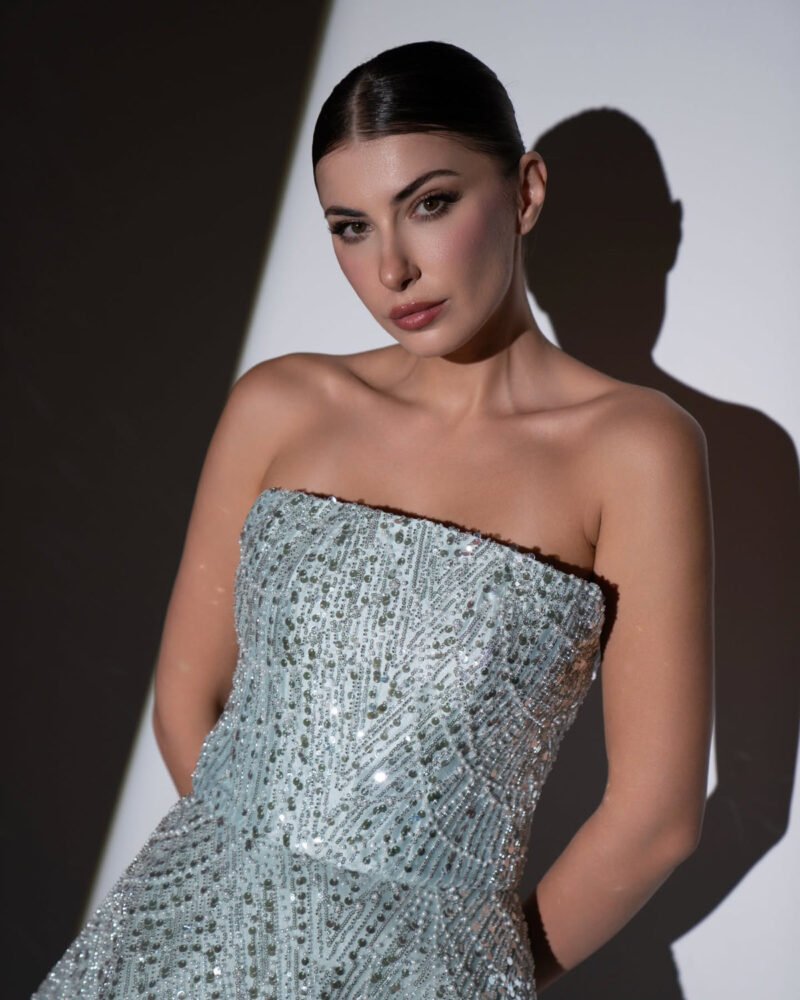 Sparkling Beaded Blue Strapless Evening Dress