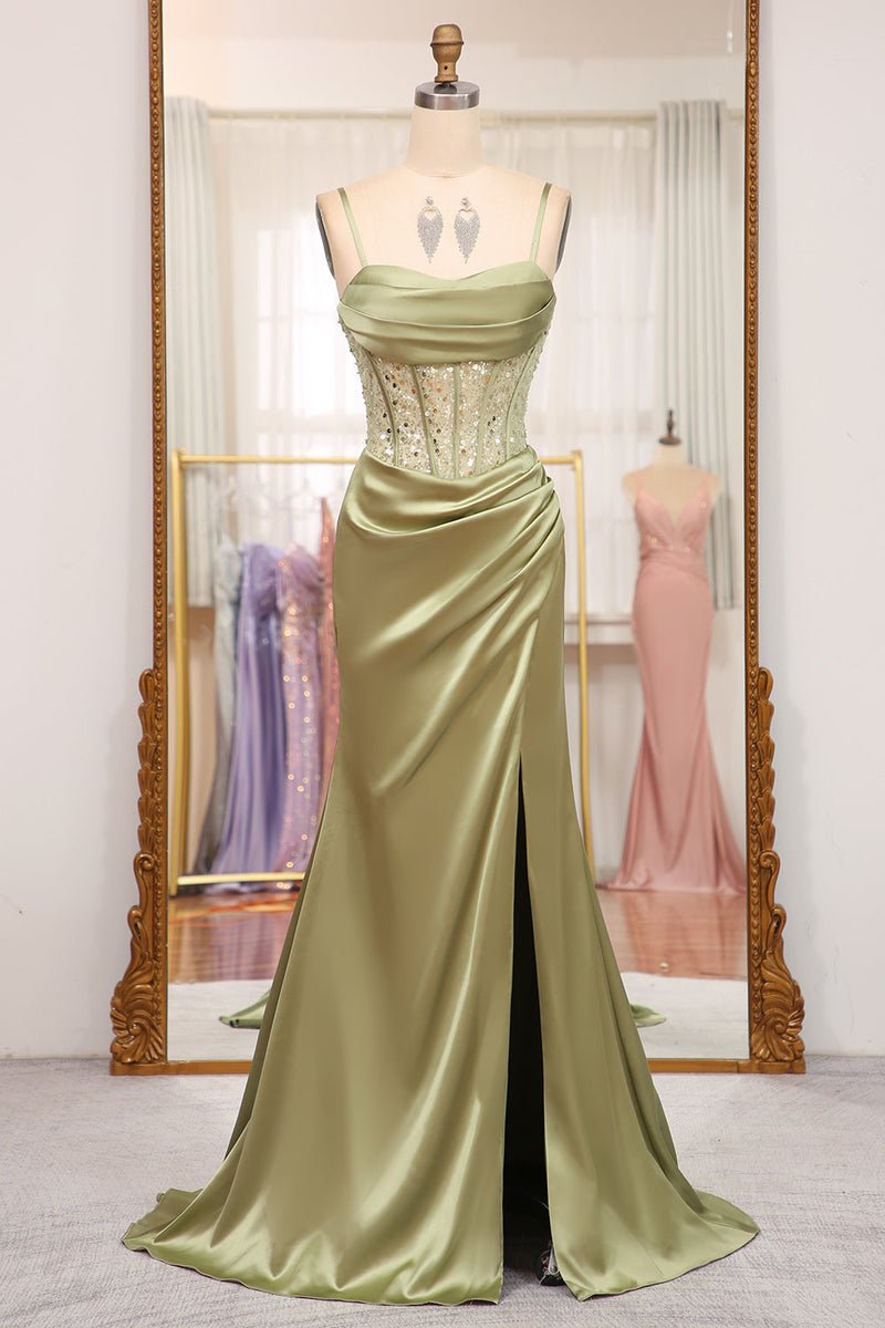 Green Sequin Mermaid Prom Dress – Spaghetti Strap Corset Evening Gown