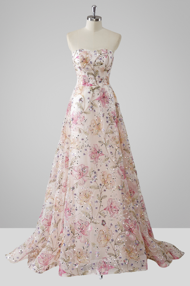 White Strapless A-Line Prom Dress with Pink Sequin Floral Details
