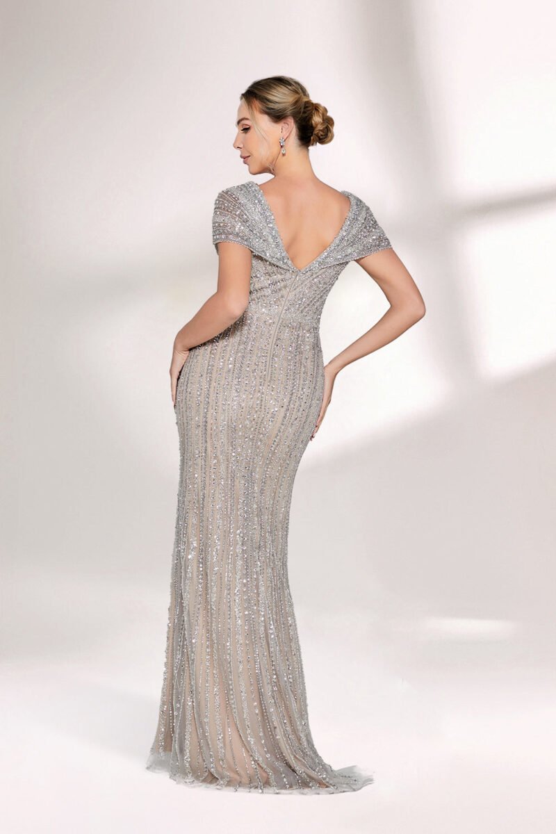 Elegant Silver Beaded Cap Sleeve Mermaid Prom & Evening Dress