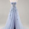 Sky Blue Applique Spaghetti Strap Long Prom Dress with Side Slit