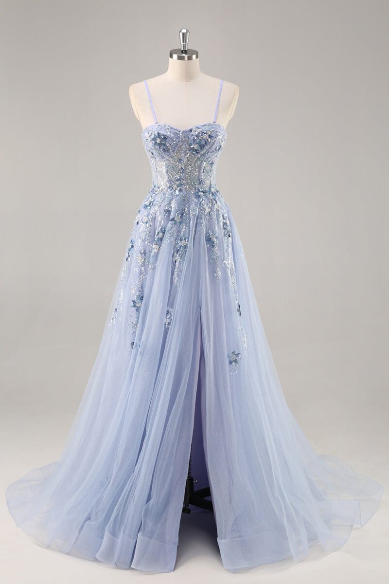 Sky Blue Applique Spaghetti Strap Long Prom Dress with Side Slit